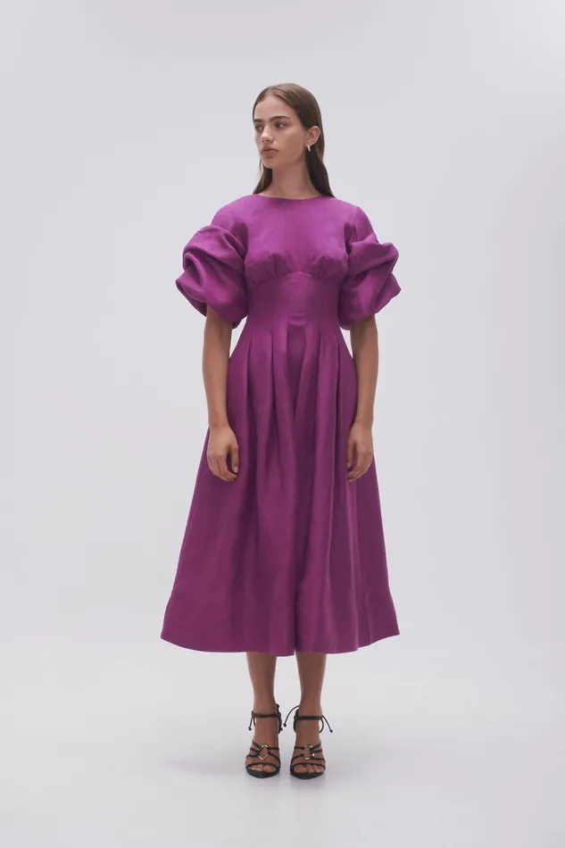 Aje Adelie Puff Sleeve Midi Dress Plum Purple Women Dresses