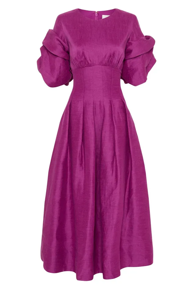 Aje Adelie Puff Sleeve Midi Dress Plum Purple Women Dresses