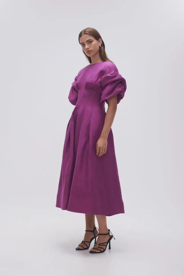 Aje Adelie Puff Sleeve Midi Dress Plum Purple Women Dresses