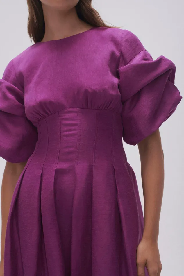 Aje Adelie Puff Sleeve Midi Dress Plum Purple Women Dresses