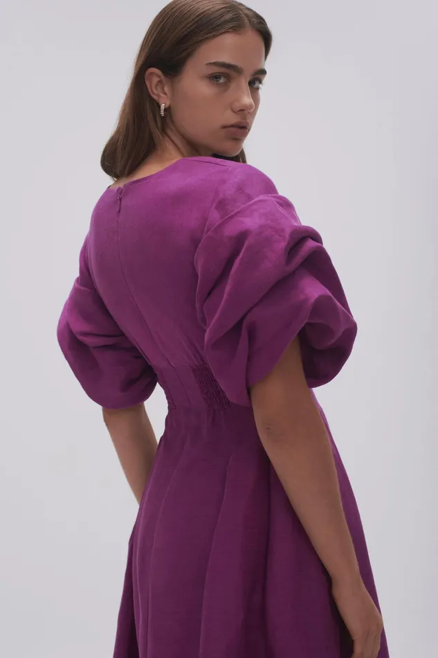 Aje Adelie Puff Sleeve Midi Dress Plum Purple Women Dresses