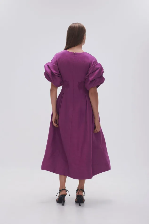 Aje Adelie Puff Sleeve Midi Dress Plum Purple Women Dresses