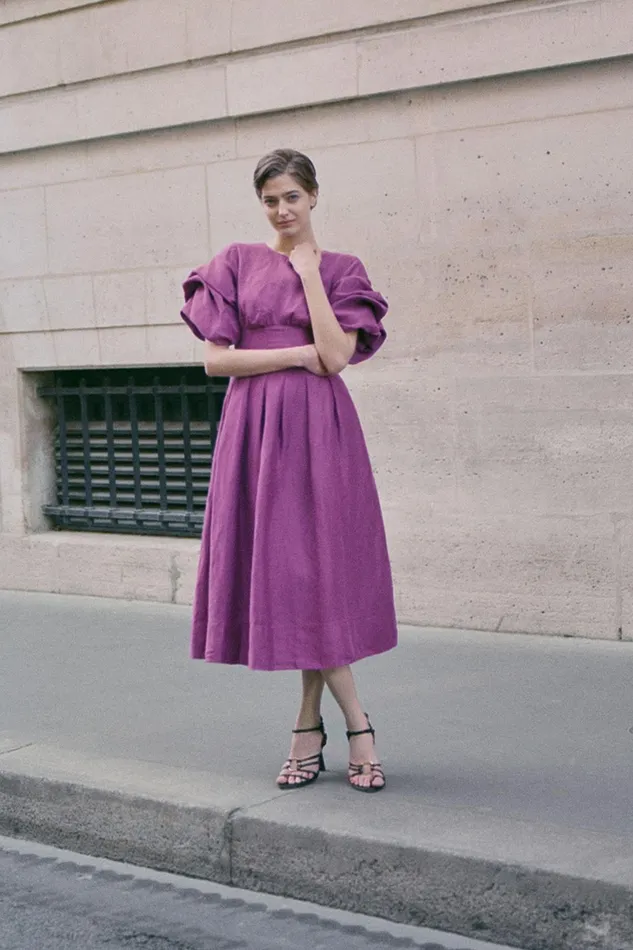 Aje Adelie Puff Sleeve Midi Dress Plum Purple Women Dresses