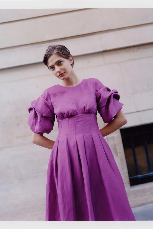 Aje Adelie Puff Sleeve Midi Dress Plum Purple Women Dresses