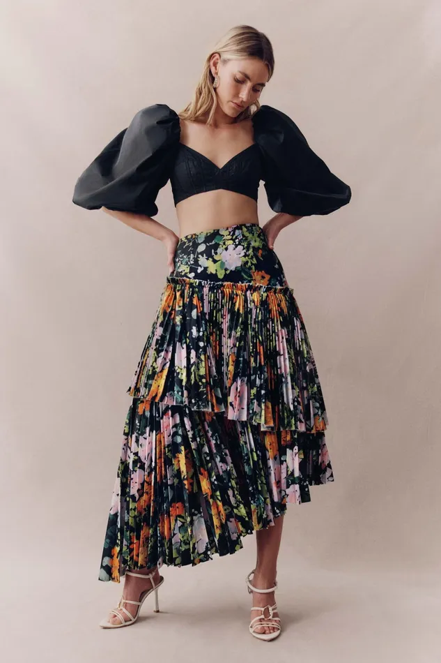 Aje Alice Pleated Asymmetric Midi Skirt Midnight Floral Women Skirts