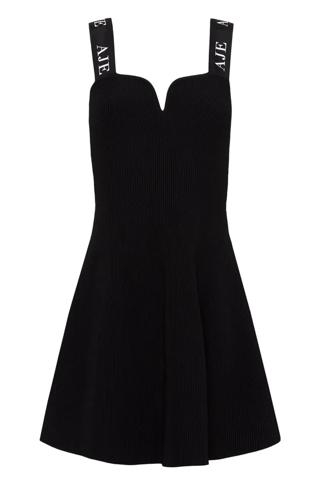Aje Amber Knit Tie Shoulder Mini Dress Black Women Dresses