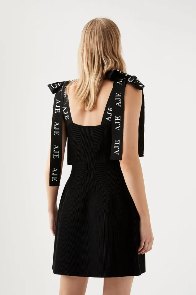 Aje Amber Knit Tie Shoulder Mini Dress Black Women Dresses