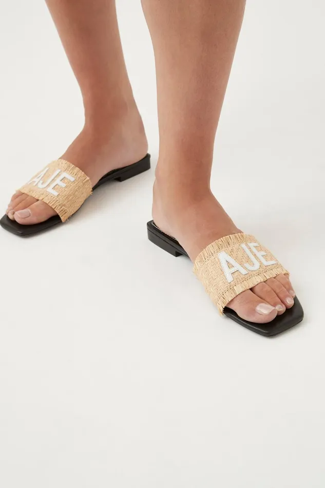 Aje Aurora Raffia Logo Flat Sandal Naturalblack Women Shoes