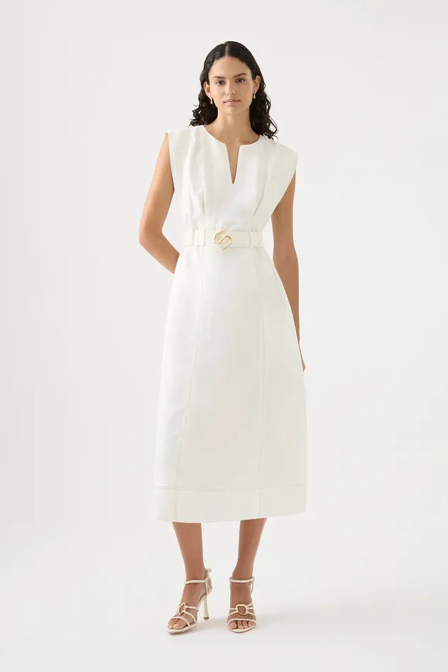 Aje Beacon Structured Midi Dress Ivory Women Dresses