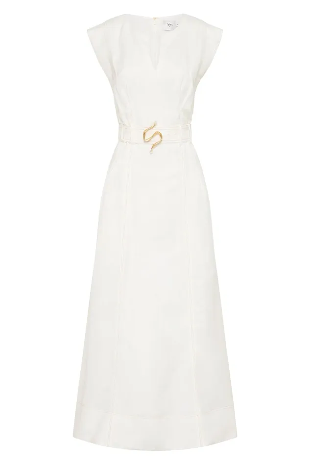 Aje Beacon Structured Midi Dress Ivory Women Dresses
