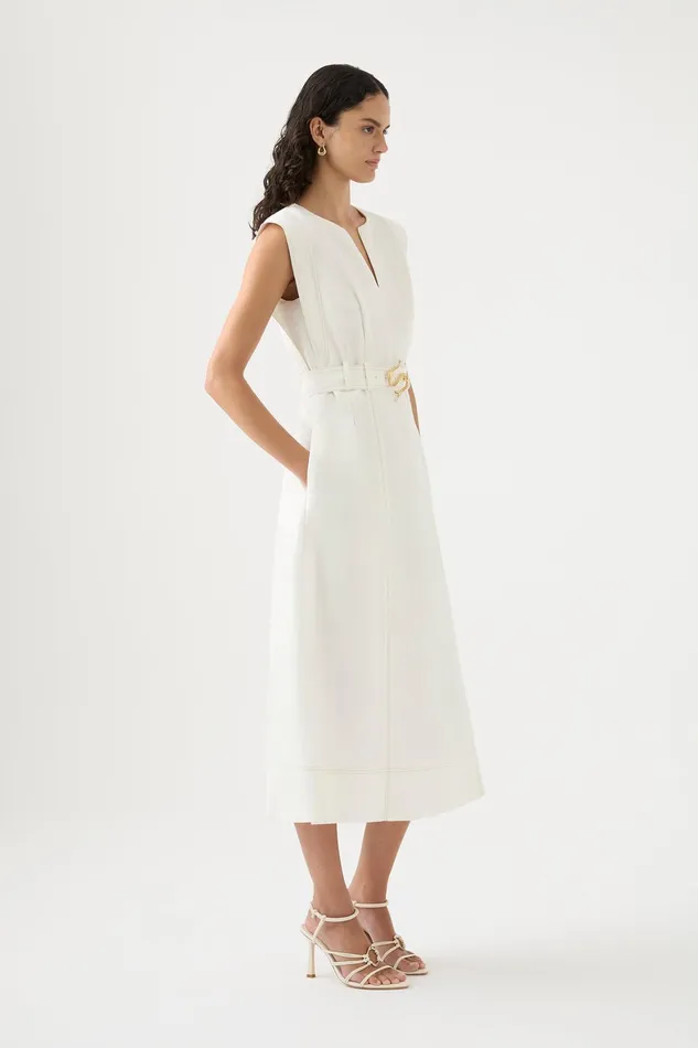 Aje Beacon Structured Midi Dress Ivory Women Dresses