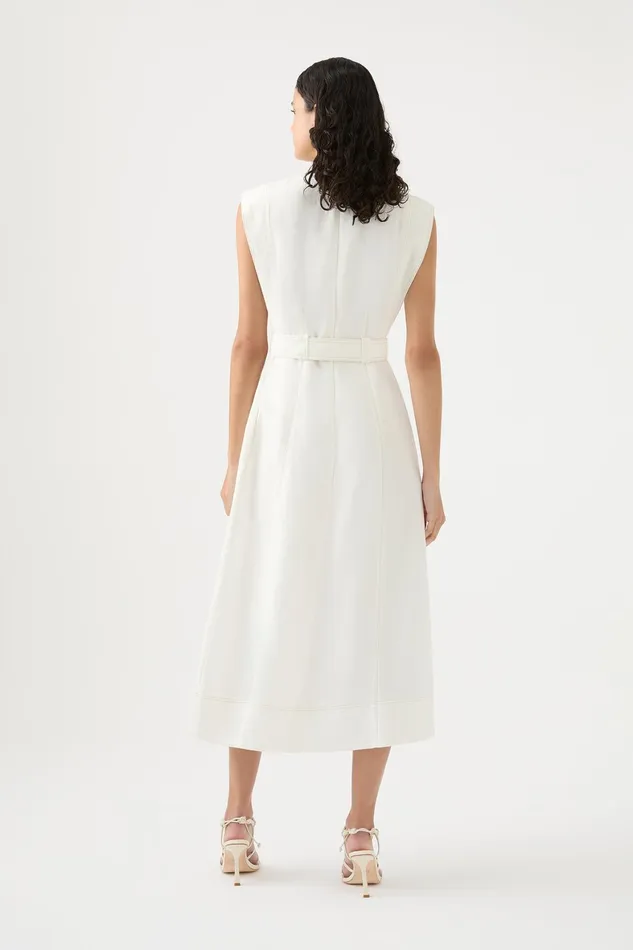 Aje Beacon Structured Midi Dress Ivory Women Dresses