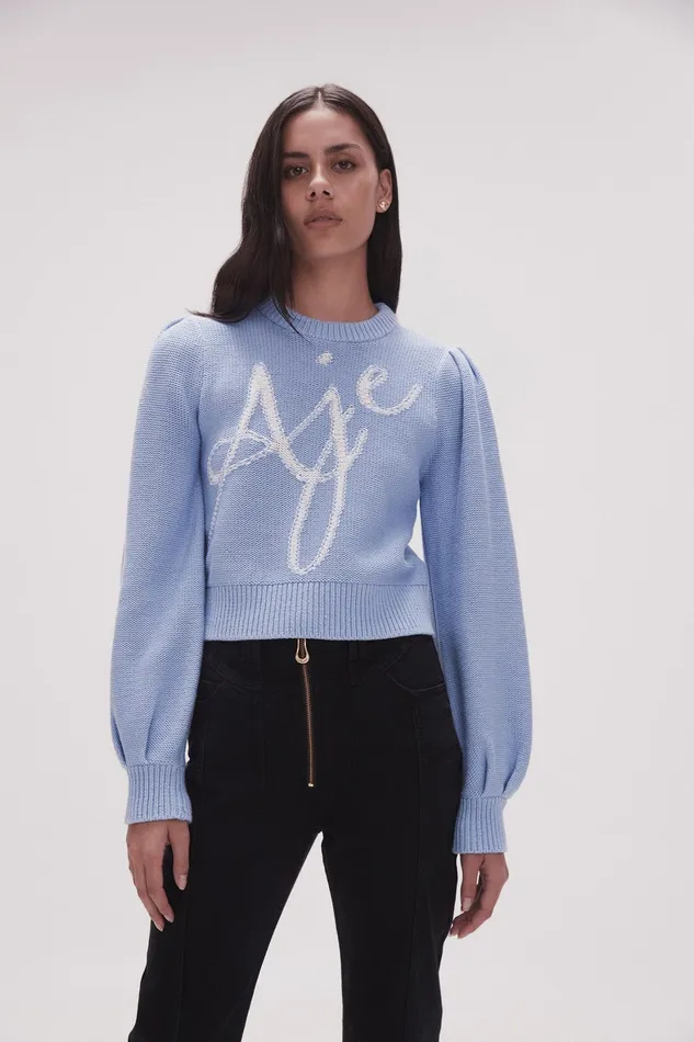 Aje Betsy Logo Jumper Light Sky Blueivory Women Knitwear and Jumpers