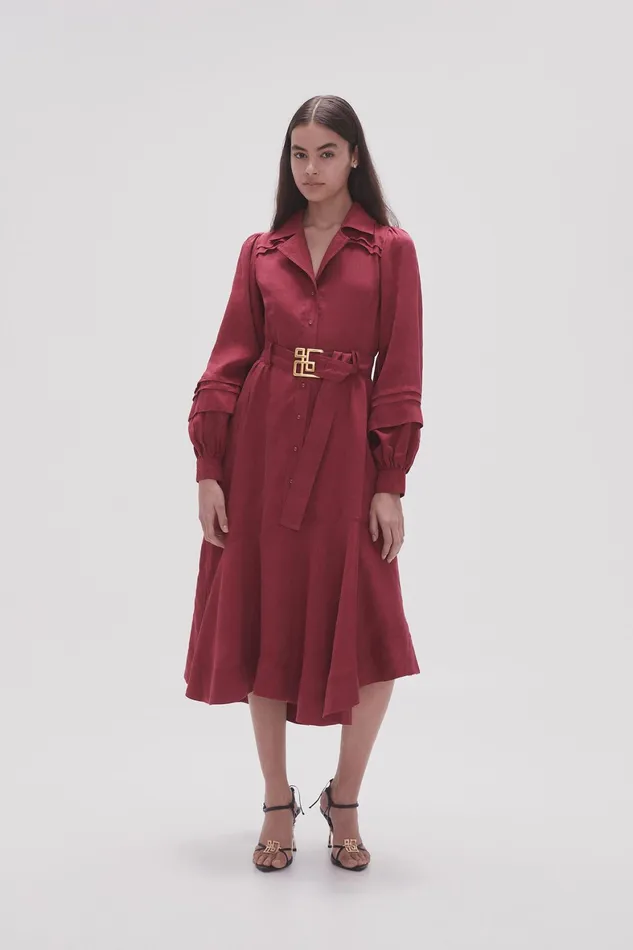 Aje Caroline Belted Midi Dress Garnet Red Women Dresses