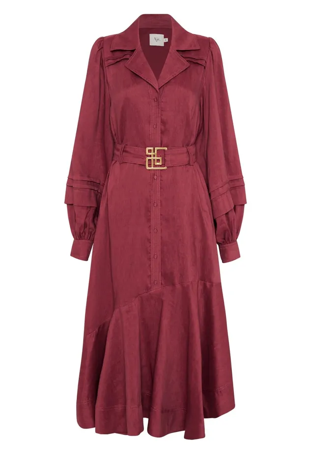 Aje Caroline Belted Midi Dress Garnet Red Women Dresses