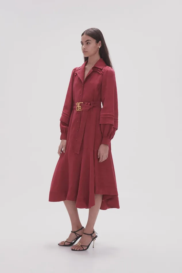 Aje Caroline Belted Midi Dress Garnet Red Women Dresses