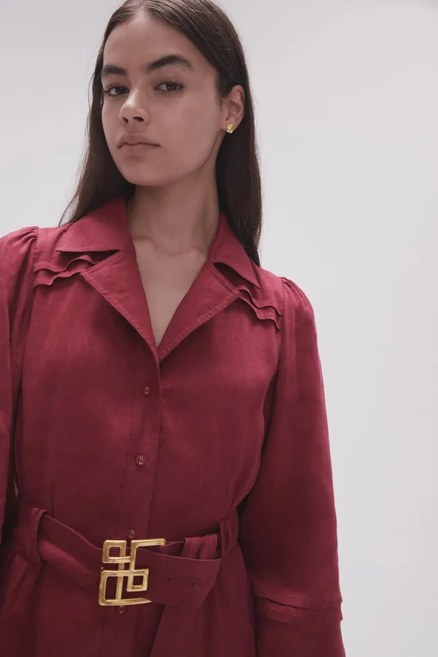 Aje Caroline Belted Midi Dress Garnet Red Women Dresses
