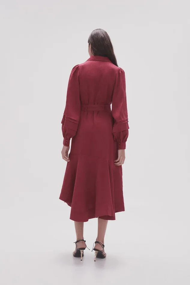 Aje Caroline Belted Midi Dress Garnet Red Women Dresses