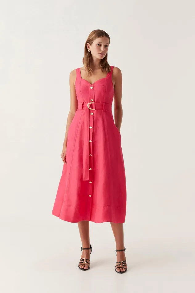 Aje Clay Belted Midi Dress Bougainvillea Red Women Dresses
