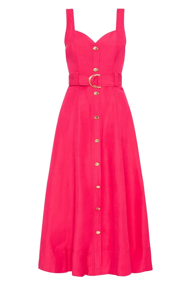 Aje Clay Belted Midi Dress Bougainvillea Red Women Dresses
