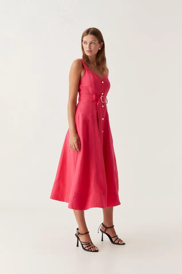 Aje Clay Belted Midi Dress Bougainvillea Red Women Dresses