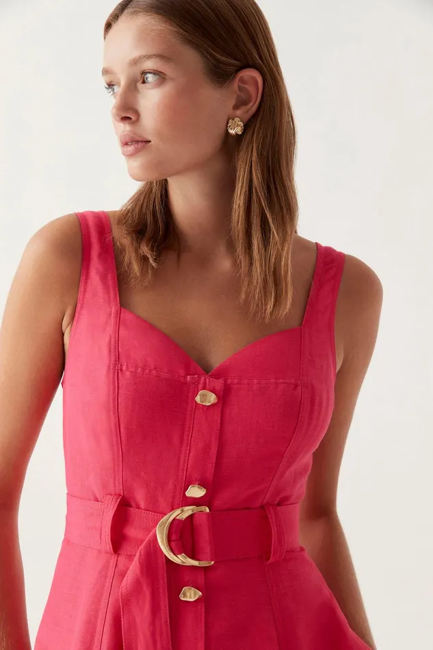 Aje Clay Belted Midi Dress Bougainvillea Red Women Dresses