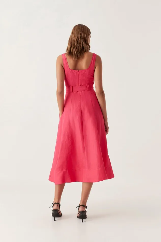 Aje Clay Belted Midi Dress Bougainvillea Red Women Dresses