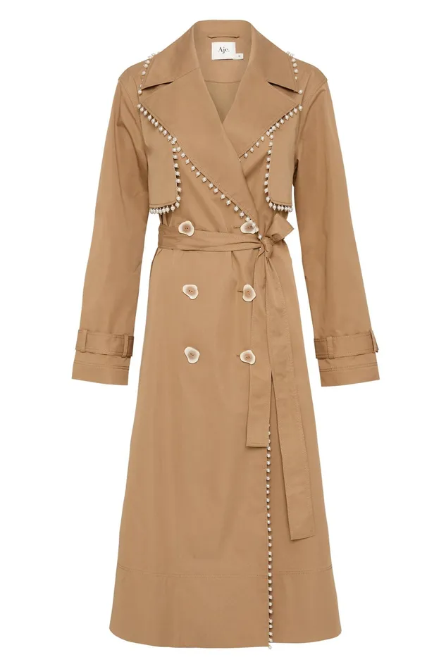 Aje Constellation Pearl Trim Coat Taupe Grey Women Blazers Jackets and Coats