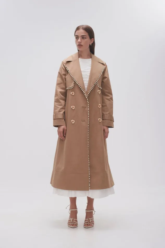 Aje Constellation Pearl Trim Coat Taupe Grey Women Blazers Jackets and Coats