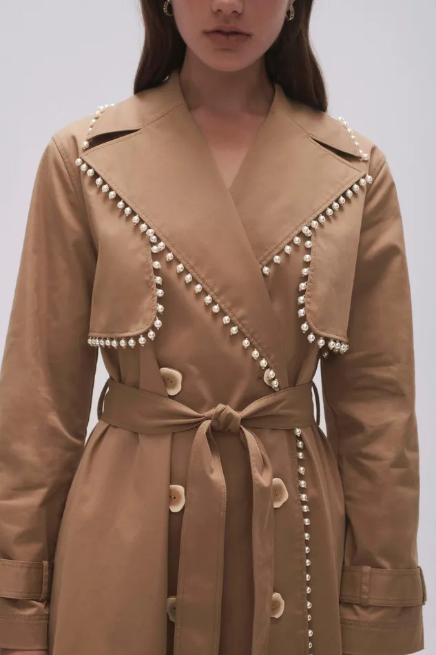 Aje Constellation Pearl Trim Coat Taupe Grey Women Blazers Jackets and Coats