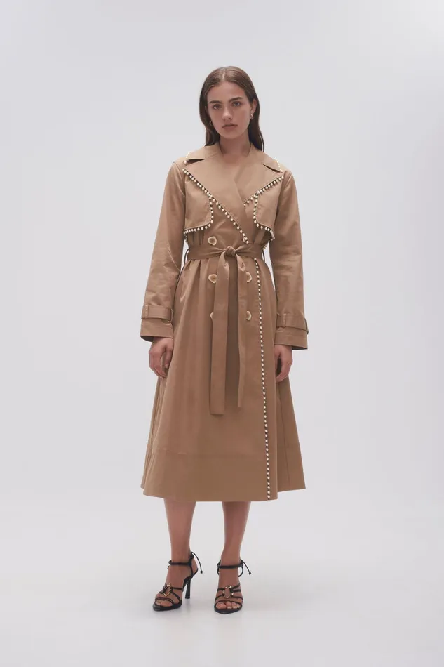 Aje Constellation Pearl Trim Coat Taupe Grey Women Blazers Jackets and Coats