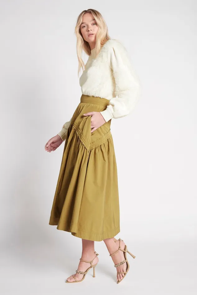 Aje Cosmos Drawstring Midi Skirt Olive Green Women Skirts