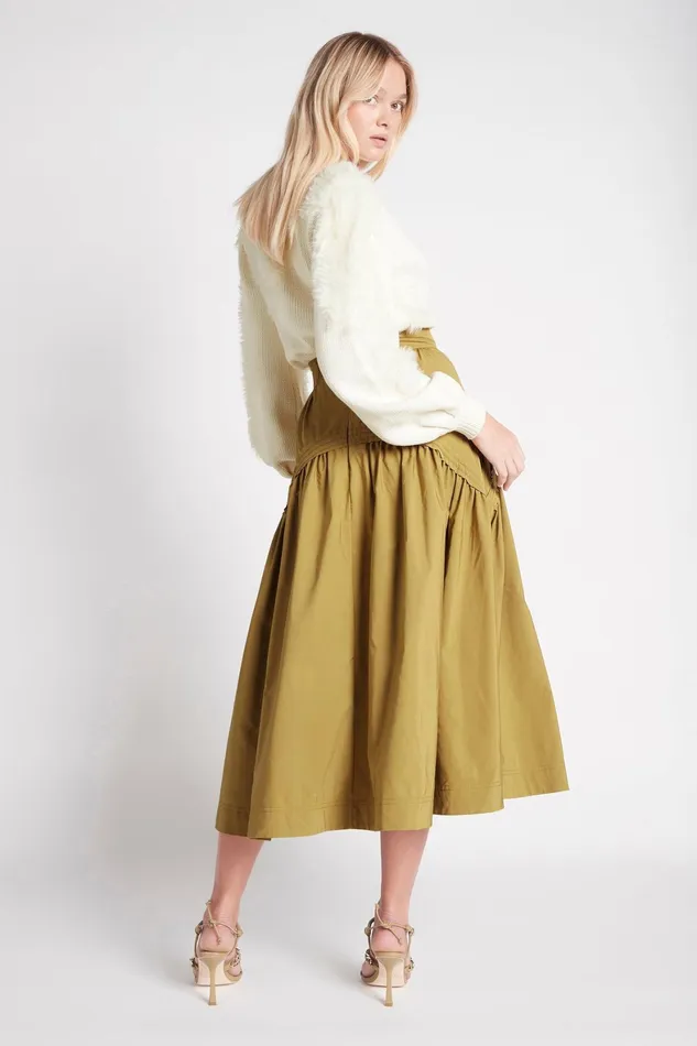 Aje Cosmos Drawstring Midi Skirt Olive Green Women Skirts