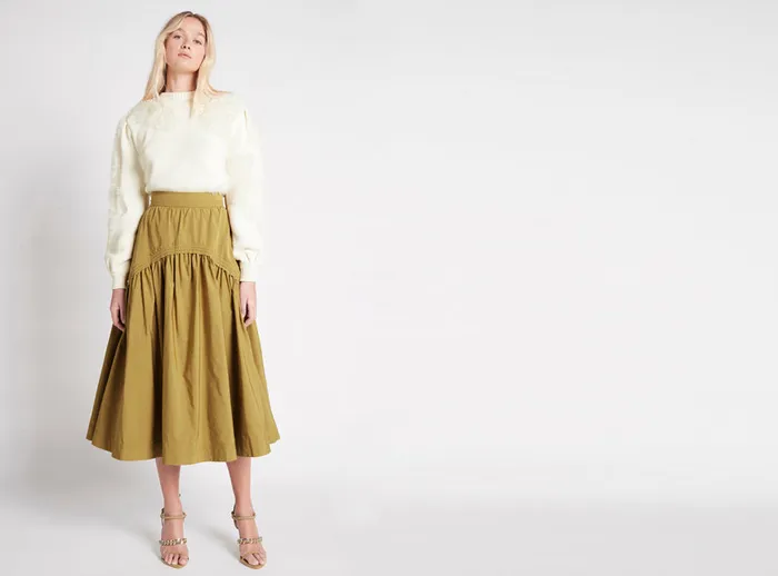 Aje Cosmos Drawstring Midi Skirt Olive Green Women Skirts