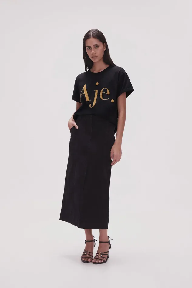 Aje Ella Embellished Logo Tee Blackgold Women Tees