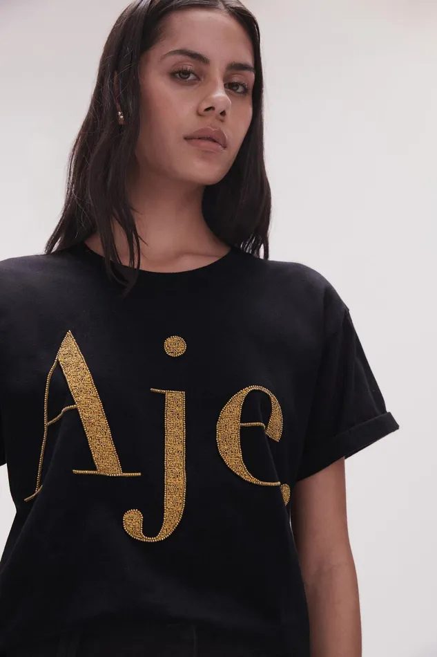 Aje Ella Embellished Logo Tee Blackgold Women Tees