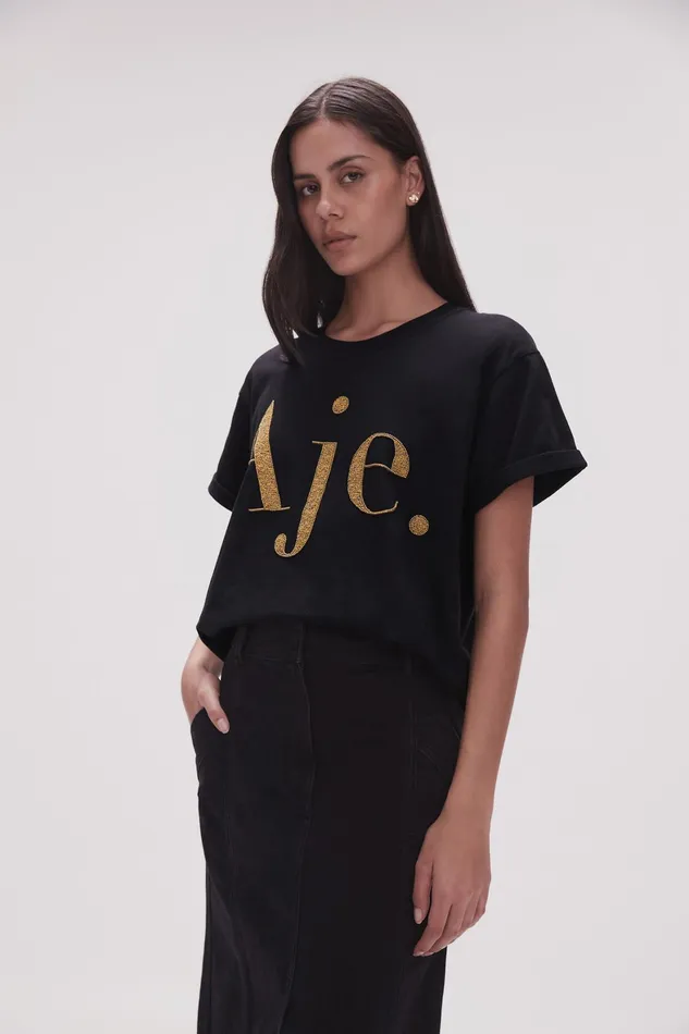 Aje Ella Embellished Logo Tee Blackgold Women Tees