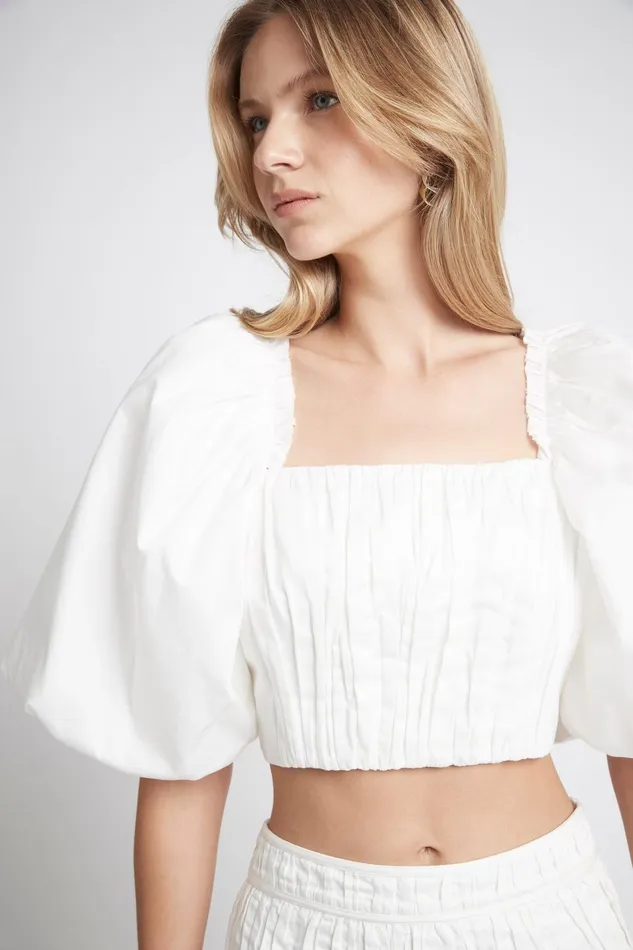Aje Enamour Puff Sleeve Cropped Top Ivory Women Tops
