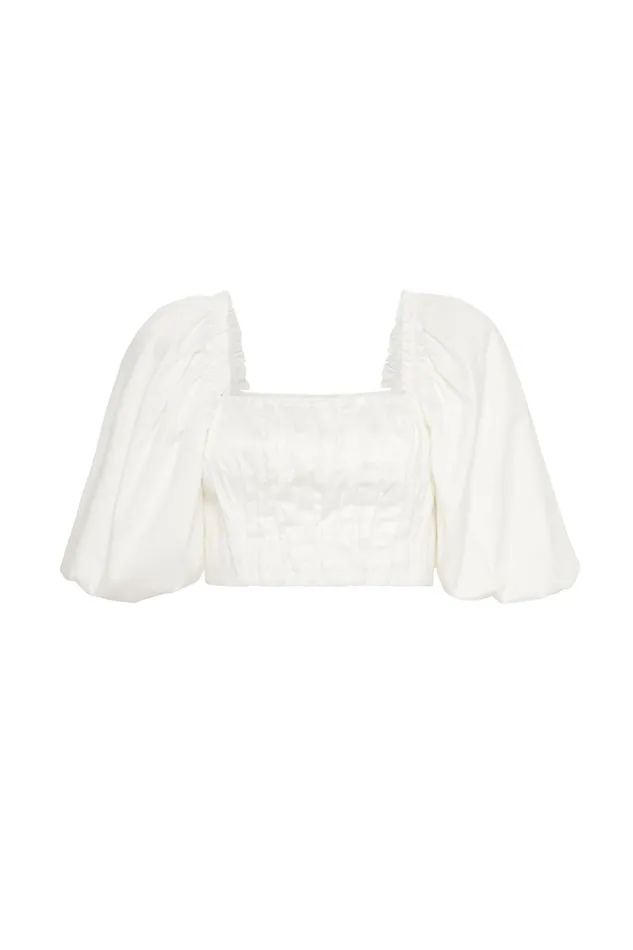 Aje Enamour Puff Sleeve Cropped Top Ivory Women Tops