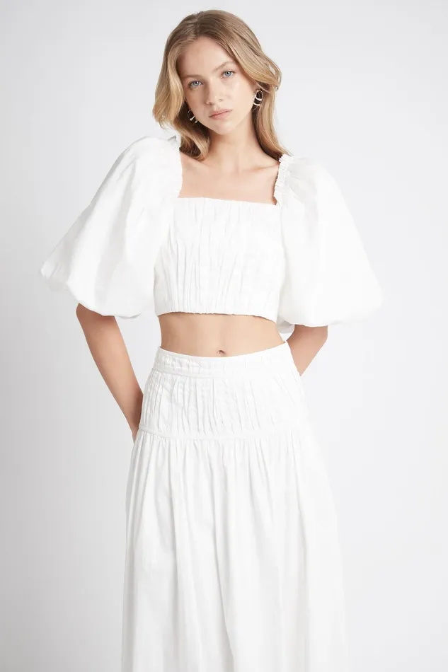 Aje Enamour Puff Sleeve Cropped Top Ivory Women Tops
