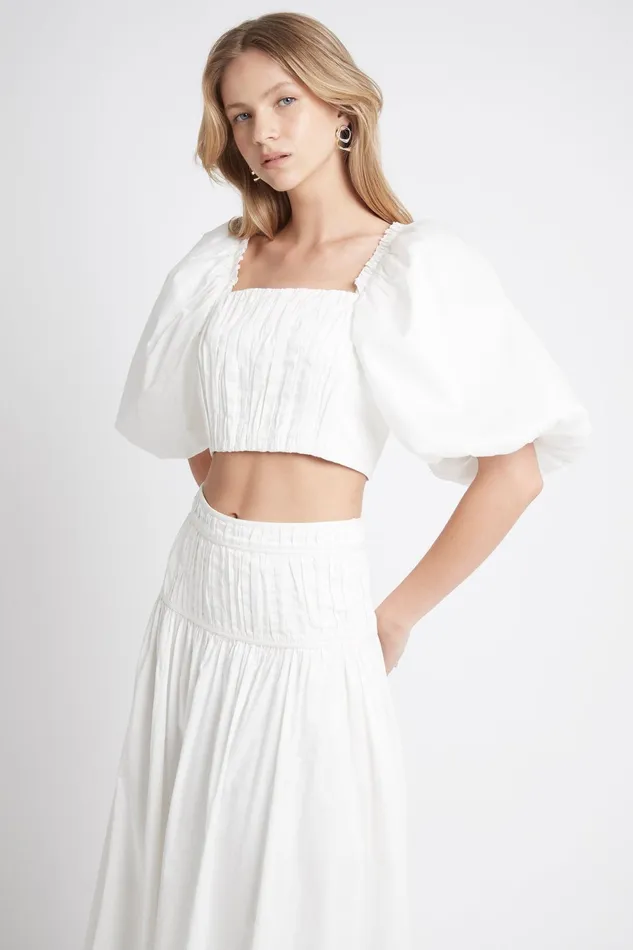Aje Enamour Puff Sleeve Cropped Top Ivory Women Tops