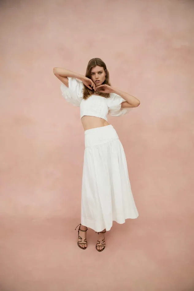 Aje Enamour Puff Sleeve Cropped Top Ivory Women Tops