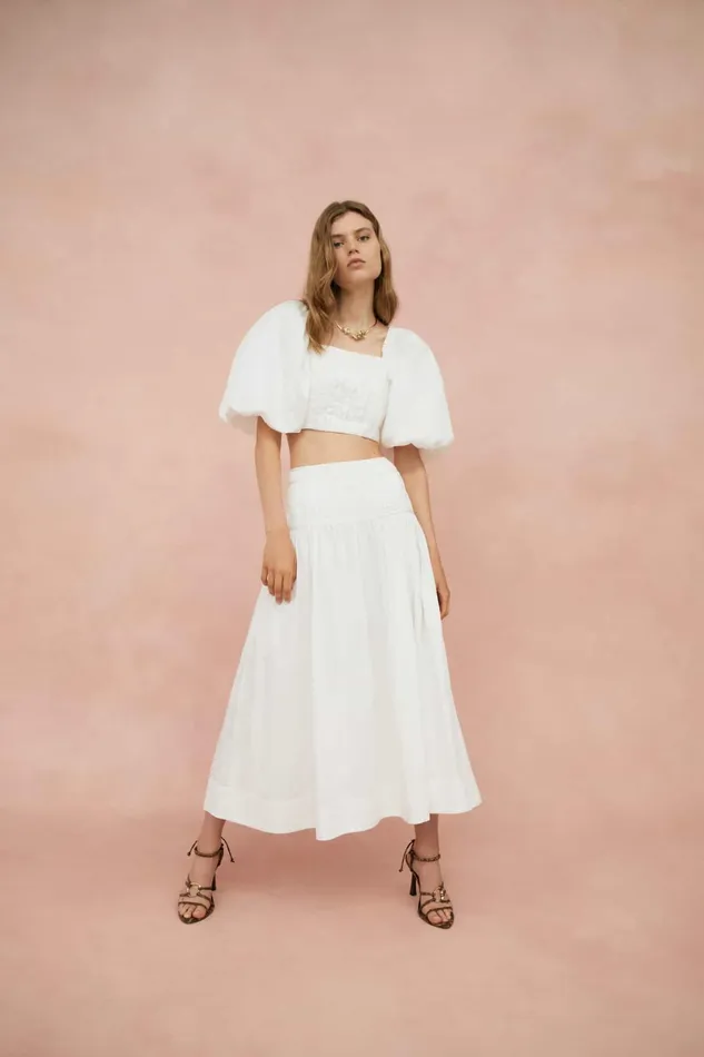 Aje Enamour Puff Sleeve Cropped Top Ivory Women Tops