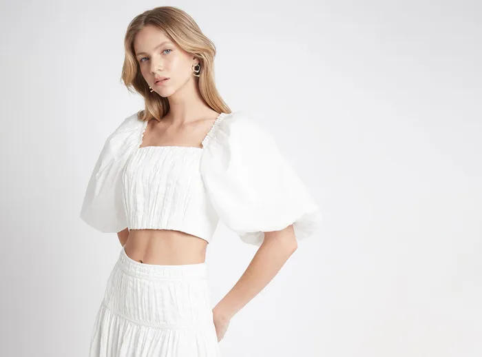 Aje Enamour Puff Sleeve Cropped Top Ivory Women Tops