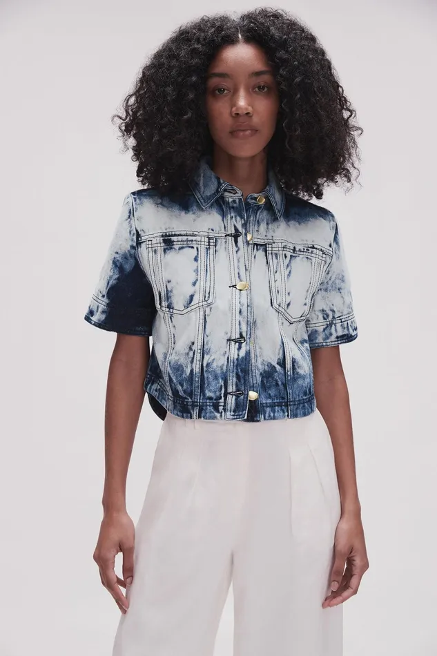 Aje Enigma Denim Cropped Shirt Tie Dye Indigo Women Denim