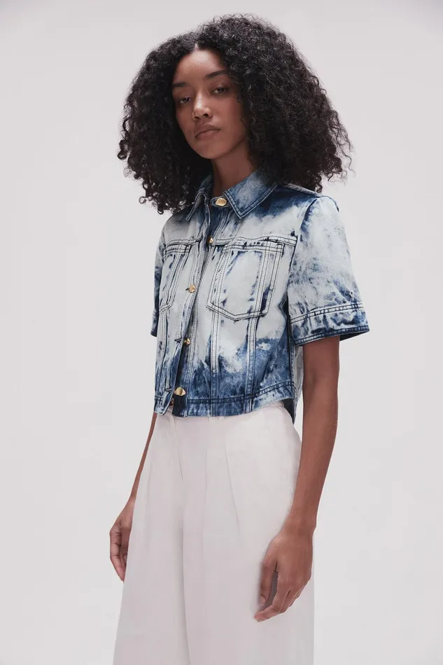 Aje Enigma Denim Cropped Shirt Tie Dye Indigo Women Denim