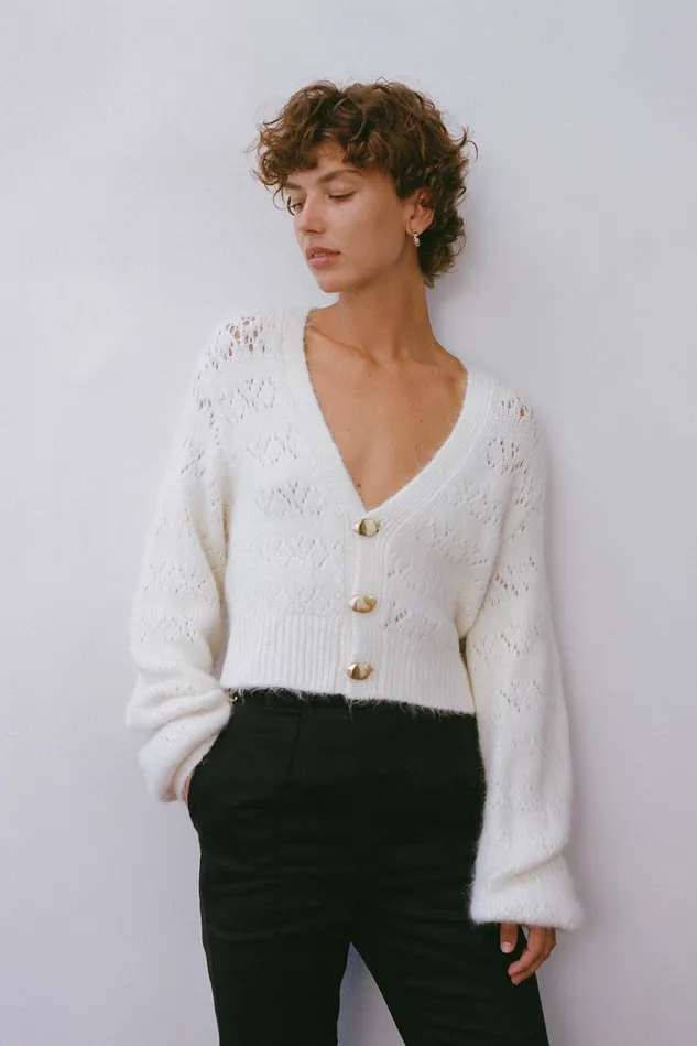Aje Grooves Lace Stitch Cardigan Ivory Women Knitwear and Jumpers