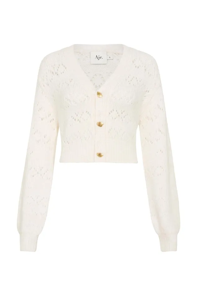 Aje Grooves Lace Stitch Cardigan Ivory Women Knitwear and Jumpers