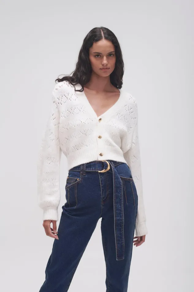 Aje Grooves Lace Stitch Cardigan Ivory Women Knitwear and Jumpers