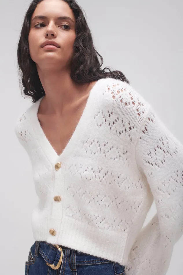 Aje Grooves Lace Stitch Cardigan Ivory Women Knitwear and Jumpers